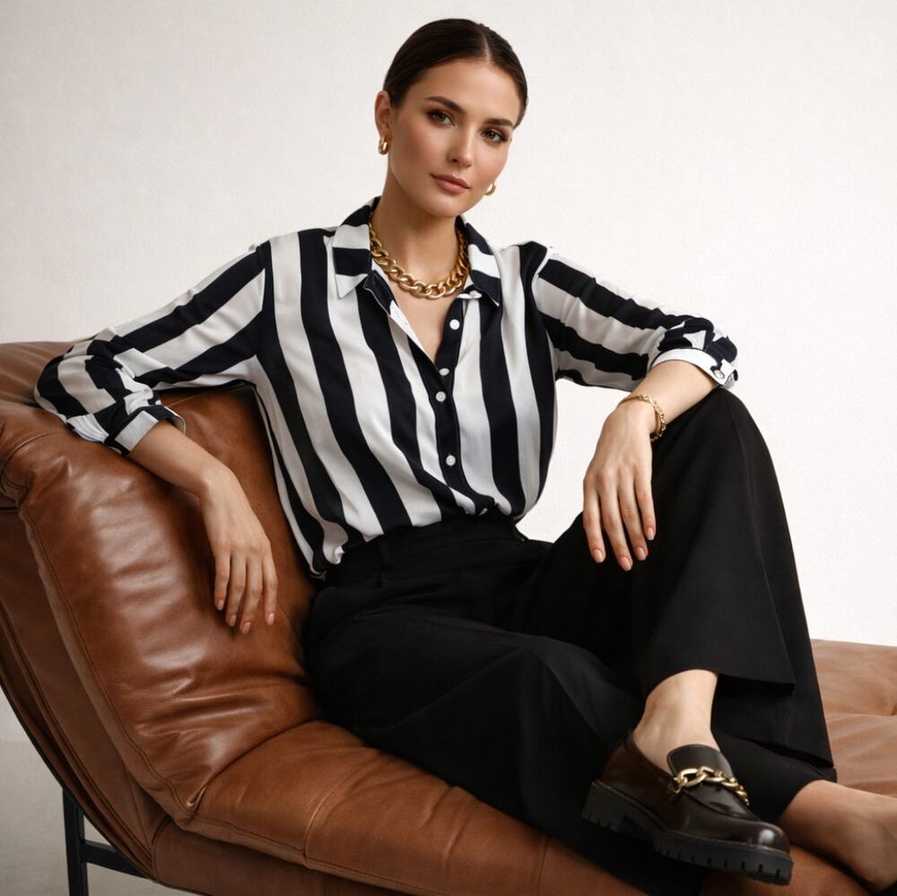 BODEN Sienna Silk Button Down Shirt Black White Wide Stripe Sz 16 $265 {3Y47}